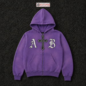 Sudadera con capucha morada personalizada con cremallera, estilo gótico oversize con gráfico de cruz y letras AB, ropa urbana unisex, sudadera con capucha de moda para hombres y mujeres - Product Image 5
