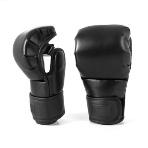 Premium <b>Black</b> MMA Gloves Faux Leather Grappling Mitts Professional Martial Arts Sparring Punching Training Open Palm Boxing 8 oz - Product Image 2