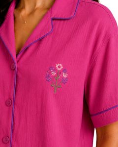 Customized Fuchsia Pink Women Pajama Set Short Sleeve Button <b>Down</b> Nightwear Soft Breathable Summer Sleepwear Casual Lounge Set - Product Image 5