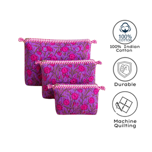Bohemian Purple Pink Floral Cosmetic Bags Set Zip Closure Multi Function Cotton Fabric <b>Storage</b> Pouches Durable Soft Eco Friendly - Product Image 3