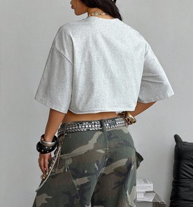 Y2K <b>Drop</b> Shoulder Custom Women Crop Top Towel Embroidery Loose Short Sleeve Round Neck T-shirt Casual women's shirt OEM Chenille - Product Image 2