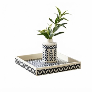 Plateau de service artisanal en os bleu incrusté, motif mosaïque géométrique, plat décoratif pour table basse, salon, hôtel, vaisselle - Product Image 5