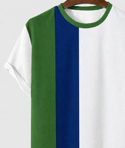 T-shirt décontracté à manches courtes pour homme, col rond, tricoté, coupe classique, color-block vert bleu blanc, bordure contrastante, polyester, séchage rapide - Product Image 5