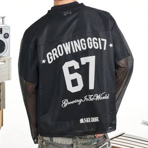 Camisetas de malla de poliéster extragrandes personalizadas para hombre, cuello en V, estilo jersey de fútbol americano, manga larga, streetwear retro vintage, jersey holgado. - Product Image 4