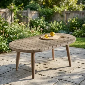 Table basse en teck pour terrasse avec plateau ovale en bois et pieds effilés pour salon, patio extérieur - Product Image 5