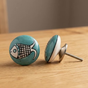 <b>Ceramic</b> Cabinet <b>Knobs</b> Round Teal Fish Design Modern Kitchen <b>Drawer</b> Pulls Durable Furniture Handles for Hotel and Home Office - Product Image 3