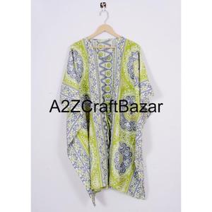 Kaftán Corto Hecho a Mano en India con Estampado Floral, Ecológico, Lavable, Ropa de Dormir Natural, Kimono, Vestido, Cubrebaño Corto para la Playa - Product Image 6