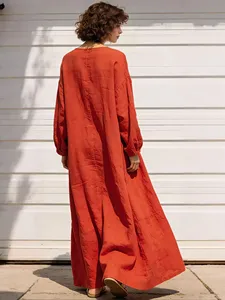 Women Plain Red <b>Boho</b> Maxi <b>Dress</b> Deep V Neck <b>Long</b> Lantern Sleeve Loose Oversized Casual Floor Length <b>Dress</b> - Product Image 5