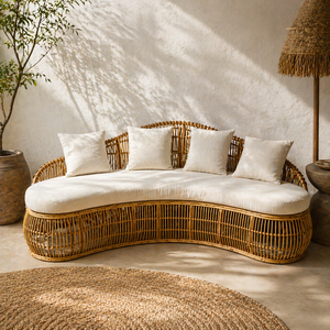 Curved Rattan Corner <b>Sofa</b> Set with <b>Foam</b> Filling Natural Finish for Living Room Leisure Seating - Product Image 4