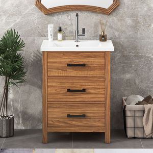 Mobile Bagno Moderno da 24 Pollici con 3 Cassetti, Lavabo in Ceramica e Armadietto Autoportante - Vanità Bagno Moderne - Product Image 4