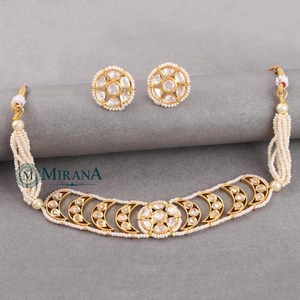 Mrinalika Chandra Polki Gold Plated <b>Bridal</b> <b>Jewelry</b> <b>Set</b> with Earrings and Ring - Product Image 1