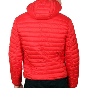 Men's Red Hooded Puffer <b>Jacket</b> Windproof Zipper Closure Casual Winter Wear Polyester Wadding Slim Fit - Product Image 3