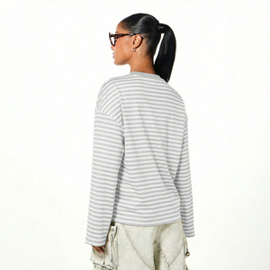 T-shirt rayé pour femme, style hip-hop, tissé, léger, à manches longues, coupe ample, 100 % coton, respirant et écologique, idéal pour l'été - Product Image 2