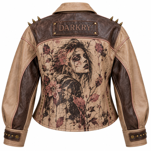 Chaqueta de cuero genuino beige para mujer, estilo motero, con estampado floral personalizado, botones a presión, bolsillos con solapa y detalles de púas, de fábrica. - Product Image 2