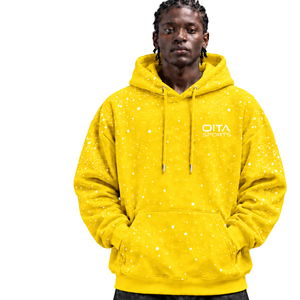Bright Yellow <b>White</b> Speckled Print <b>Men</b> Pullover Hoodie Oversized Fleece <b>Sweatshirt</b> Long Sleeve Kangaroo Pocket Casual Streetwear - Product Image 1