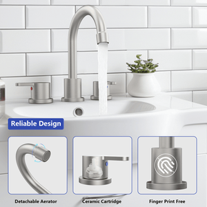 Rubinetto per lavabo bagno a 2 maniglie, 8 pollici, 3 fori, con beccuccio girevole a 360°, finitura Nichel Spazzolato, con scarico a scomparsa - Product Image 4