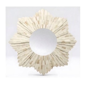 Miroir mural rond en bois avec incrustation d'os en forme de soleil, cadre géométrique, pour chambre, couloir, salon, accent décoratif - Product Image 1