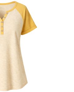 Beige Yellow Women T <b>Shirt</b> Short Sleeve Henley Neck Raglan Tee Soft Cotton Casual Summer Top Comfortable Daily Wear Stylish - Product Image 5