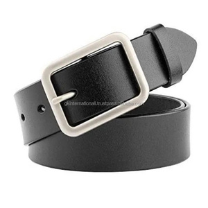 Cinturón informal de cuero negro liso de estilo elegante para hombres y mujeres con hebilla de un solo pin de latón elegante Cinturón Masculino - Product Image 1