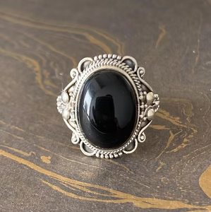 Elegant Black Onyx <b>Ring</b> 925 Sterling Silver Oval Cabochon Antique Design <b>Statement</b> Jewelry - Product Image 2