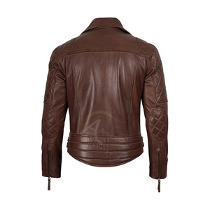 Men's <b>Brown</b> Genuine <b>Leather</b> Biker <b>Jacket</b> With Zipper Closure And Quilted Design Slim Fit Moto Style Autumn Wear - Product Image 5