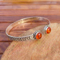 Brazalete Unisex de Plata/Oro Chapado en Latón con Doble Piedra de Cornalina Ámbar Nova, Engaste Clásico de Bisel con Gema, Regalo OEM