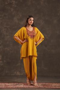 Women's Elegant Embellished Viscose <b>Tunic</b> & Dhoti Pant Set Casual Loose Fit Long Simple Trendy Engagement Wear Yellow Mustard - Product Image 1