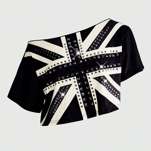 Y2K street Wholesale Luxury Studded Flag Print Oversized Crop Tee Women Custom Streetwear Y2K Fashion <b>Top</b> OEM Women's Shirts USA - Product Image 4