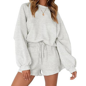 Oversized Gray Cotton French Terry Pullover Sweatshirt <b>Set</b> With Pocke Casual Turn-down Collar Crop Top And Shorts Unisex - Product Image 1