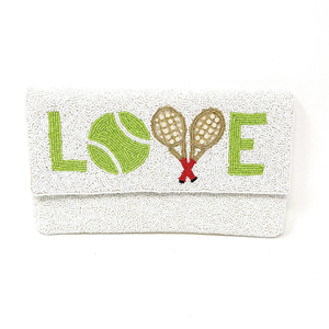 Bolso de mano blanco con cuentas hecho a mano, diseño de tenis y amor, cadena plateada ligera y desmontable - Uso para bodas/ocasiones nocturnas - Product Image 4