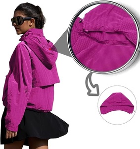Women's <b>Pink</b> Hooded Windbreaker <b>Jacket</b> Full Sleeve Zipper Closure <b>Waterproof</b> Casual Crop Length Outerwear - Product Image 6