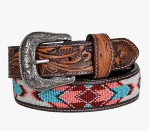 Ceinture en cuir occidentale de haute qualité avec boucle artisanale à motifs multicolores perlés, marque SADAF SADDLERY, taille 24-34 pouces, Inde - Product Image 2