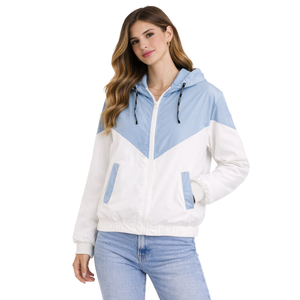 <b>Women</b> Blue White Color Block Hooded Windbreaker <b>Jacket</b> <b>Lightweight</b> Zip Up Casual Sport <b>Jacket</b> with Pockets - Product Image 1