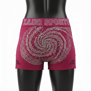 Shorts pour femmes en coton premium extensible avec tissu spandex, couleur vin, strass thermocollés, logo personnalisé - Product Image 2
