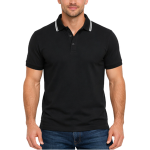 Polo homme noir de haute qualité avec col rayé blanc, coupe ajustée, séchage rapide, décontracté, manches courtes, pour l'été - Product Image 1
