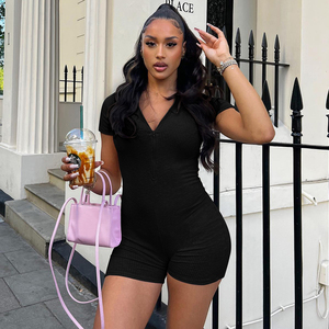 Women's Black Knitted V-Neck Sleeveless <b>Jumpsuit</b> High Waist Sexy Club Wear Spring Summer Solid Color <b>Bodycon</b> Fit Above Knee - Product Image 2