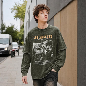 Mens Oversized Graphic <b>Tshirt</b> Los Angeles Acid Wash 2 in 1 Grunge Shirts Vintage Streetwear Layered Tees Y2K - Product Image 3
