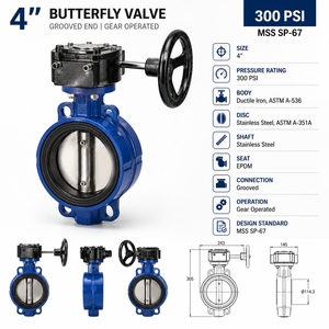 วาล์วผีเสื้อ 4 นิ้ว 300 PSI ตัววาล์วเหล็กดัด ASTM A-536 แผ่นดิสก์สแตนเลส ซีล EPDM ควบคุมด้วยมือ มาตรฐานการออกแบบน้ำ MSS - Product Image 5