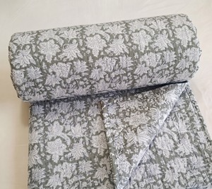 TheFabira Hand Block Print Cotton Kantha <b>Quilt</b> Indian Handmade Reversible <b>Bedspread</b> Floral Design Eco-Friendly Modern Style - Product Image 5
