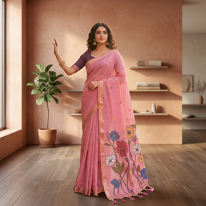 Sari de Algodón Rosa con Tejido Floral, Prenda Tradicional para Mujer, Estilo India-Pakistán, Corte Casual Regular - Product Image 4
