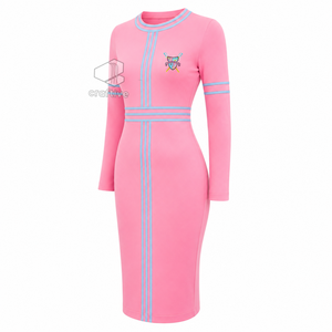 Robe midi moulante rose à manches longues pour femme Gamma Phi Delta avec accents rayés bleus, col rond, grande taille, coupe ajustée, robe décontractée - Product Image 3