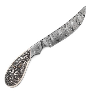Cuchillo de caza hecho a mano de acero de Damasco, hoja de 0.45mm de grosor con punta de clip y espiga completa de 19cm, mango de hueso de camello con grabado láser, OEM - Product Image 1