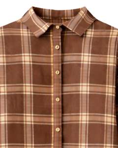 Robe chemise marron à carreaux personnalisée pour femme, manches longues, boutonnée, mi-longue, coupe décontractée, en coton tissé avec poches avant, pour usage quotidien - Product Image 3