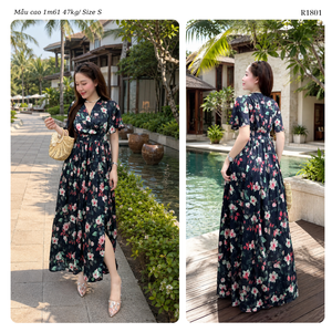 เดรสยาวทรงเอพิมพ์ลายดอกไม้ คอวี แขนระบาย เอวสูง เหมาะสำหรับวันหยุดฤดูร้อน สไตล์ลำลอง - Product Image 3