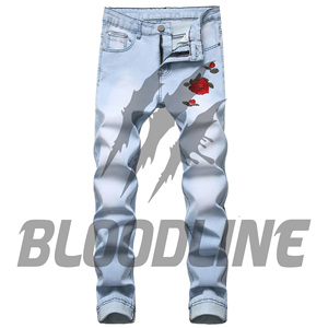 Jean en denim noir coupe droite pour homme BLOODLINE, décontracté, taille mi-haute, en coton, broderie florale, style automne - Product Image 4