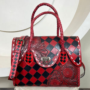 Nuevo Bolso Tote de Cuero Vacuno Estilo Occidental, Hecho a Mano, con Diseño Floral a Cuadros y Asa Trenzada, Bolso de Diseñador para Mujer - Product Image 4