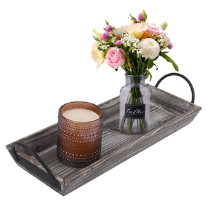 Vente chaude Pin Bois Bougeoir Plateau avec Poignées En Métal Noir Rectangulaire Décoratif Pièce Maîtresse pour Table À Manger Décor À La Maison - Product Image 1