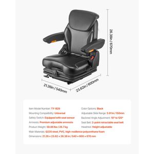 Sedile Universale Regolabile per Carrello Elevatore con Sospensione Trattore, Poggiatesta, Cintura di Sicurezza e Bracciolo Pieghevole Sicuro - Product Image 3