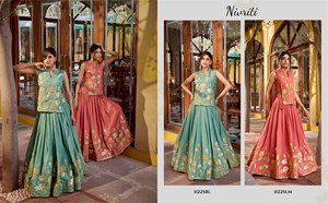 Conjunto Moderno de Lehenga, Blusa y Koti con Silueta Coordinada, Bordado Tradicional con Hilos y un Toque de Brillo Metálico, Lehenga a Precio de Mayoreo - Product Image 6