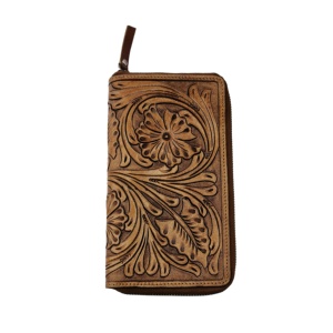 Portefeuille long personnalisé en cuir pleine fleur brodé à la main avec motif floral, fermeture éclair intégrale, pour homme - Product Image 1